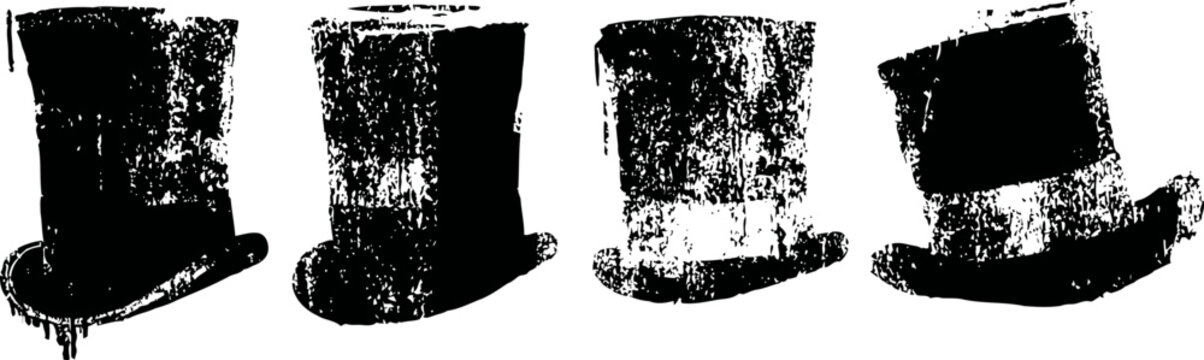set of four vintage black silhouette top hats in different angles and styles