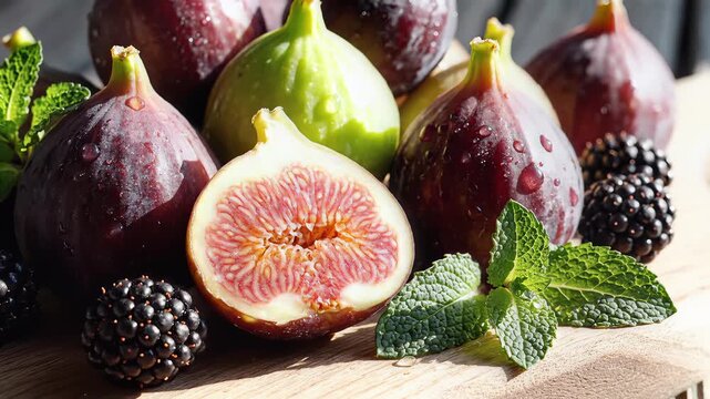 Fresh ripe figs and berries arranged with mint leaves and sunlight on wooden surface