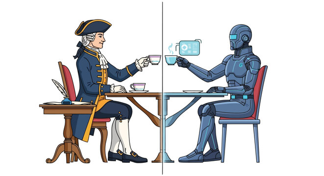Historical 18th century gentleman and futuristic cyborg drinking tea at opposite sides of table