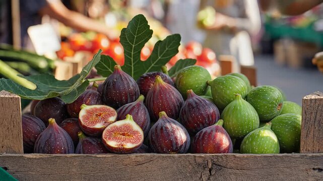 Fresh ripe figs and green fruit displayed in wooden crate outdoors