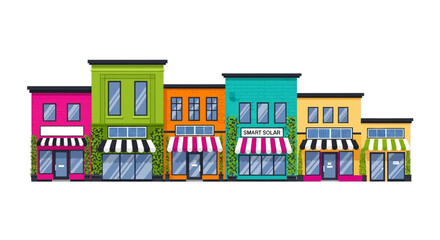 Naklejka premium Modern Eco-Friendly Storefronts with Solar Panels and Vertical Gardens, Sustainable Small Business Retail Street Flat Vector Illustration Isolated on White