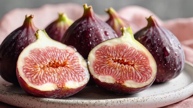 Fresh ripe figs grouped together one cut open showing detail
