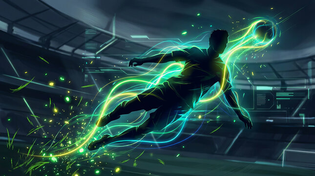Silhouette of soccer player kicking glowing ball in futuristic stadium with energy trails and sparks flying around during intense match action