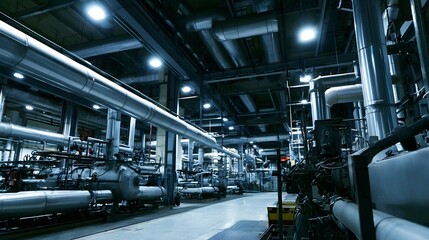 Fototapeta premium A detailed view of a mechanical industrial facility emphasizing modern hinery and cool metal tones