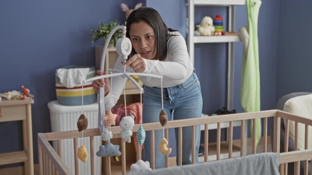 Woman adjusts a hanging baby mobile over a wooden crib, points finger to a plush toy and leans in amid nursery furniture in building; tenderness.