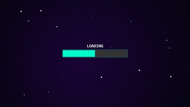 Retro 8-bit pixel loading bar progress screen animation on a dark purple background for gaming and technology