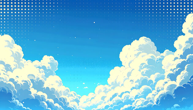 Pixel art blue sky with fluffy clouds, vintage 8-bit retro aesthetic landscape background