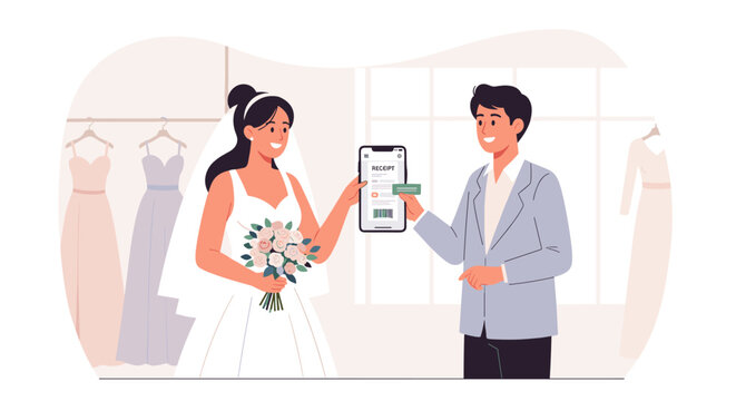 Couple in wedding attire using a mobile app together.