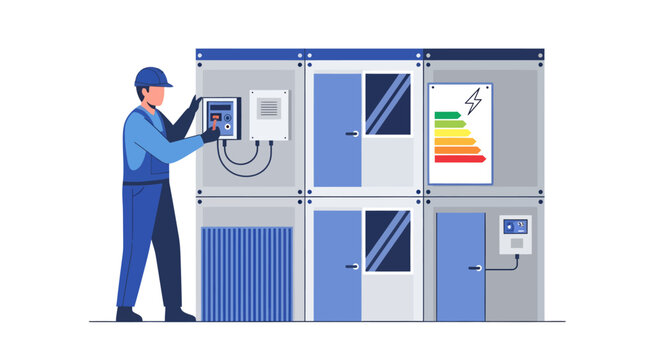 Electrician Working on Industrial Power Control Panel with Energy Efficiency Rating Scale, Electrical Maintenance and Engineering Concept Illustration
