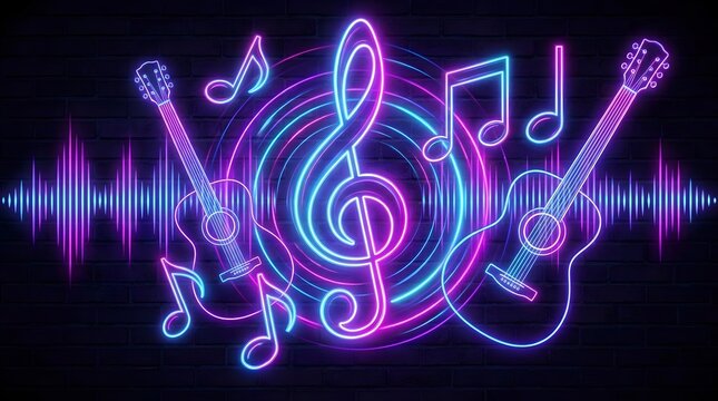 Neon guitar and musical notes on black background