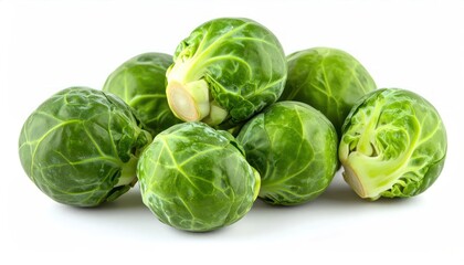 Fototapeta premium Fresh Green Brussels Sprouts Arranged on Clean White Background
