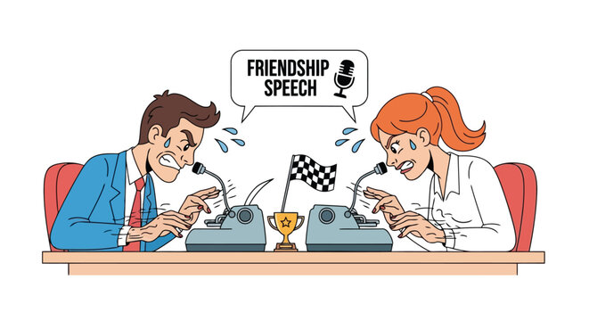 Man and woman competing in intense friendship speech typing contest on vintage typewriters vector