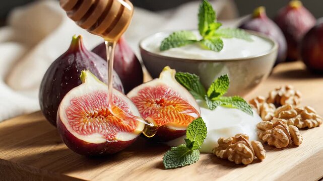 Fresh ripe figs with yogurt walnuts and honey drizzled on a wooden surface healthy snack concept