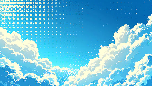 Pixel art blue sky with soft white clouds and halftone dot texture pattern backdrop for retro gaming backgrounds