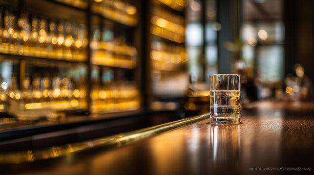 highball. Polished wooden bar counter with an empty highball glass, evoking a classic and moody pub ambiance. bar promotions, beverage menus, designed for product packaging and bar promotions.