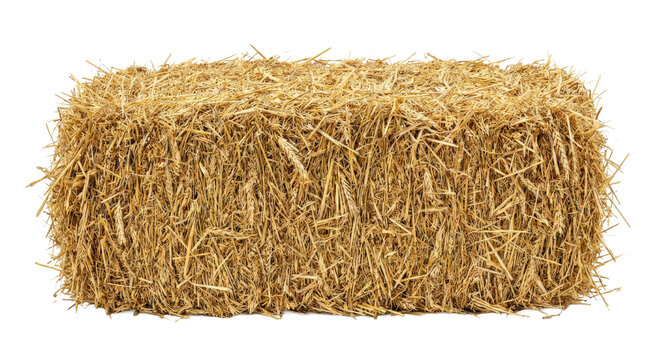 Close-up of a large rectangular hay bale isolated on a white background