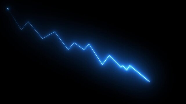 Glowing Neon Blue Business Line Graph Arrow Decrease Loss Chart Animation on Black Background,4k video animation