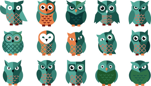 Cartoon owl collection with colorful geometric patterns, expressive faces and creative character designs in vector illustration set