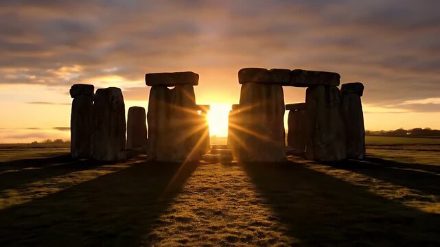 Stonehenge monument at sunrise with a glowing sunburst shining through the ancient megalith stones