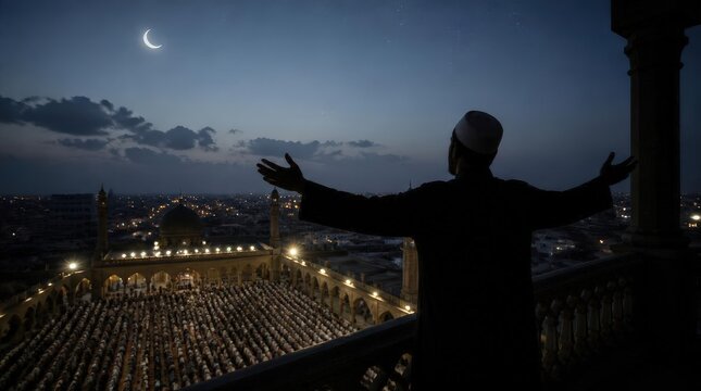 Muslim Prayer Ceremony at Night Under Crescent Moon Over Cityscape and Mosque