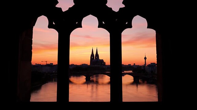 Cologne cathedral view through a gothic window frame at sunset with a river and city skyline view