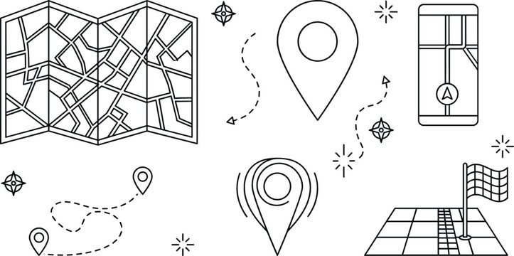 Map and navigation line icon set featuring paper map location pin smartphone gps route destination flag and compass