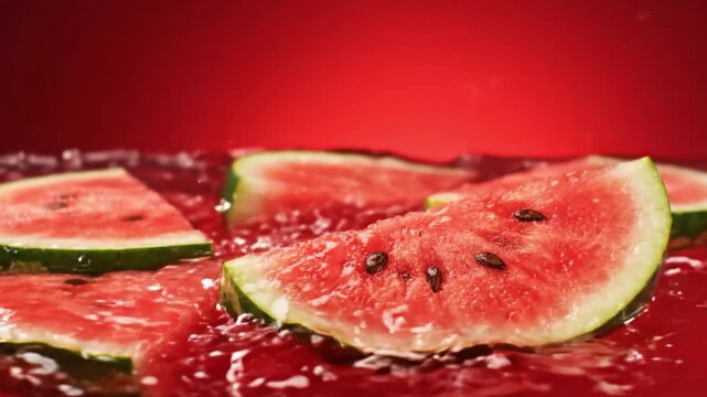 A Captivating Journey of Fresh Watermelon: From Slices Splashing Water to Beautifully Arranged Segments on a Reflective Surface