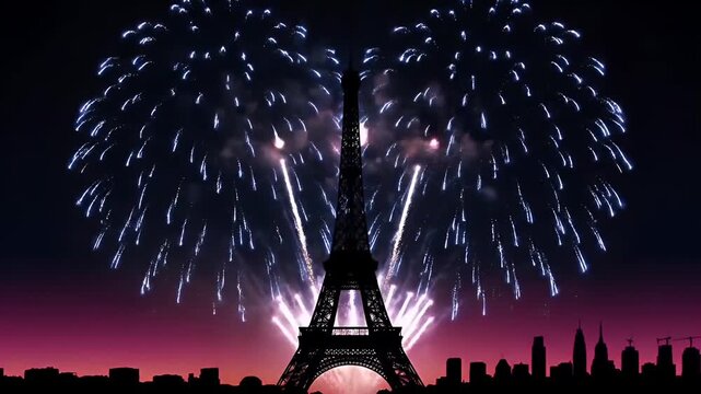 Eiffel tower silhouette with colorful fireworks display over the paris city skyline at night time