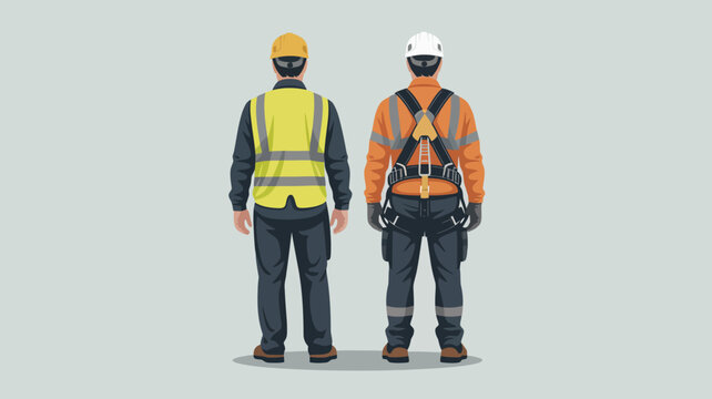Two construction workers standing back to back wearing safety gear and helmets with construction standing uniforms protective equipment hardhats industrial partners professional workwear