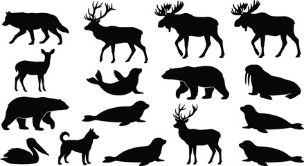 Fototapeta premium Arctic and northern wildlife animal silhouettes set featuring polar bear seal moose wolf and deer vector