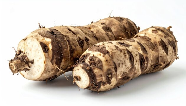 Fresh Taro Root Tubers Arranged on Clean White Studio Background