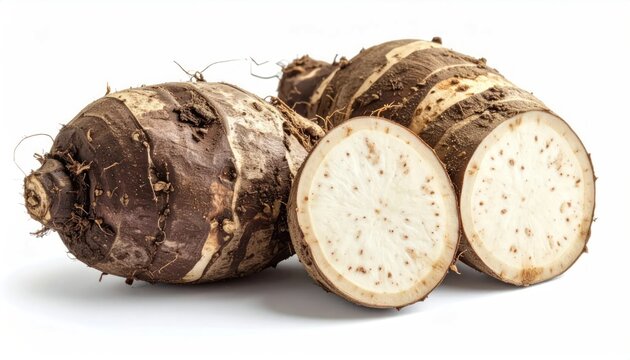 Fresh Taro Root and Sliced Tubers Arranged on White Studio Background