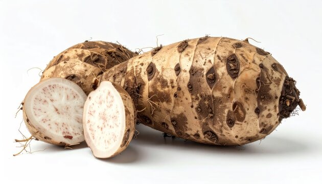 Fresh Taro Root Tubers Cut and Whole on Clean White Background