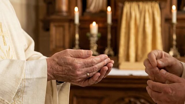 Hands receiving the communion host close up