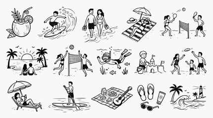 Fototapeta premium Line art icons of people doing summer activities at the beach