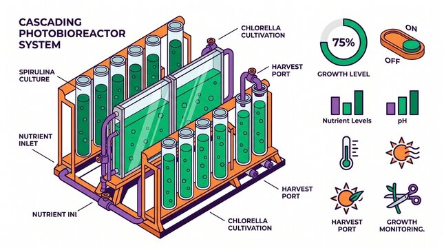 Cascading Photobioreactor System, a detailed scientific illustration of algae cultivation, spirulina, and chlorella growth, with nutrient monitoring and harvest ports
