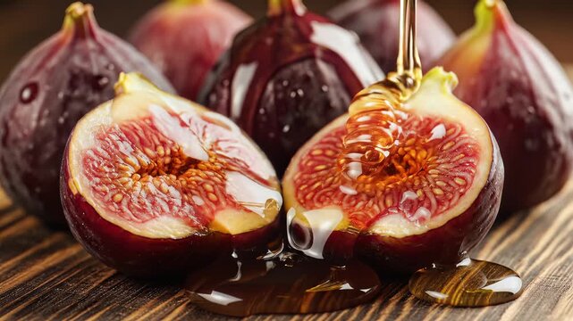 Ripe fig fruit halved with sweet syrup drizzle on wooden surface close up