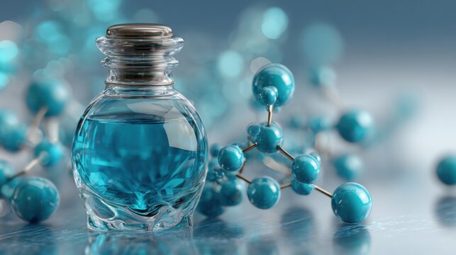 Science cosmetic lab technology 3d rendering. Beauty product with Kojic Acid molecular structure abstract biochemistry background concept.
