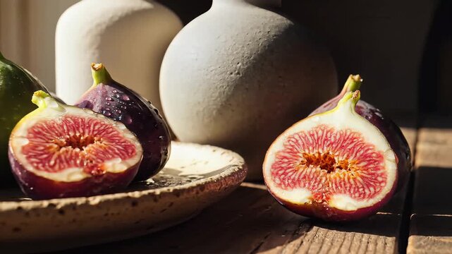 Ripe fresh figs sliced in half revealing vibrant red interior and textured ceramic vases in soft natural light