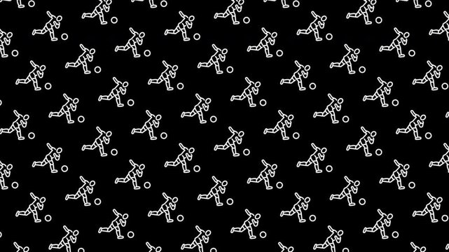 Seamless loop animation of a minimalist soccer player kicking football pattern with white outline icons moving on a black background