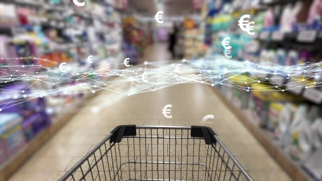 slow motion cart in a blurred retail market with overlay of digital grid wave from nodes and lines and euro signs animation