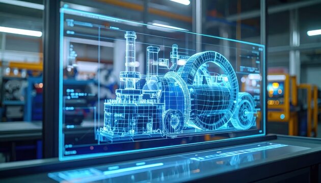 Futuristic Blue Holographic Industrial Machine Blueprint Displayed in Modern Factory