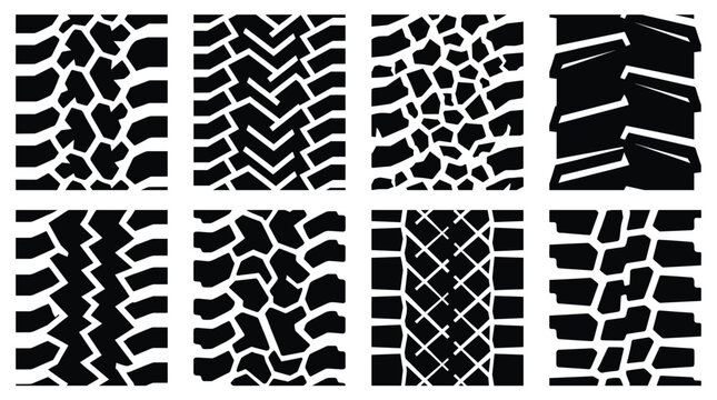Tire track patterns set, 8 off-road vehicle tyre tread marks, black and white industrial rubber textures for automotive design and racing graphics