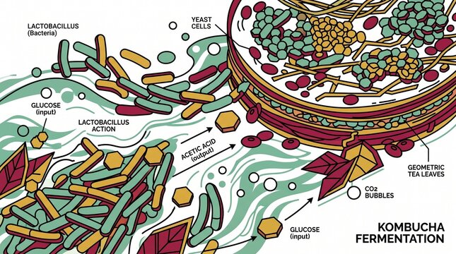 Kombucha fermentation process illustration, detailed diagram of probiotic bacteria, yeast cells, and glucose transformation, scientific microbiology concept for healthy gut and digestive health.