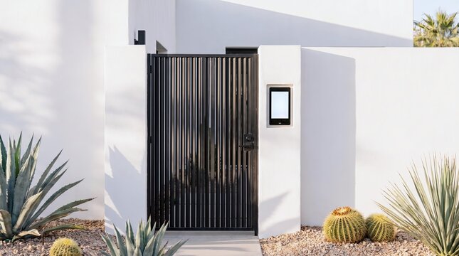 Minimalist modern gate with digital keypad entrance surrounded by desert landscaping and cacti garden.