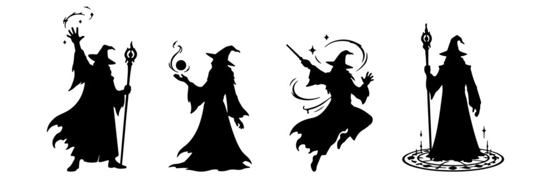 Fantasy wizard silhouette vector illustration, magical sorcerer with cloak isolated on white background