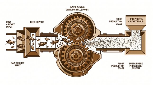 Cricket Flour Production System, detailed industrial illustration of sustainable insect protein processing, interlocking grinding millstones, raw cricket input to high-protein flour output.