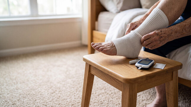 Elderly woman putting compression stocking on foot. Diabetic patient managing health condition at home with glucometer on wooden stool. Chronic disease care and medical support concept.