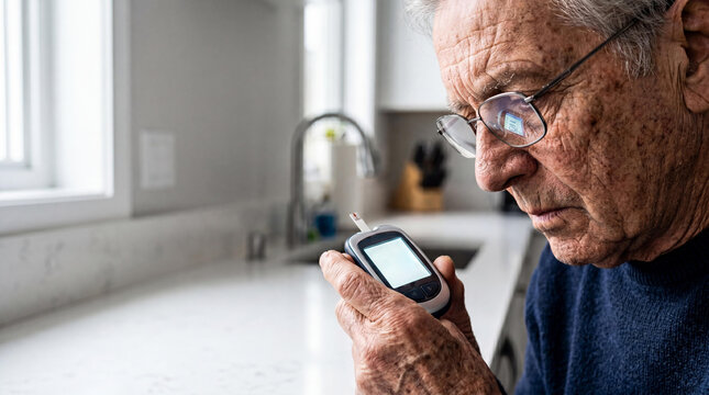 Senior man checking blood glucose level with digital glucometer in home kitchen. Elderly patient managing diabetes with personal medical device. Health monitoring and chronic disease care.