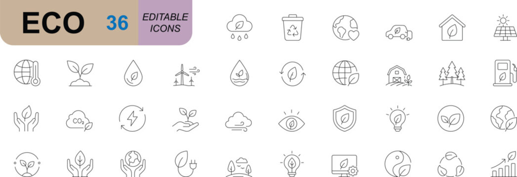 Modern eco editable icon set. Featuring sustainability, renewable energy, recycling, environmental conservation and green technology symbols for eco solutions.